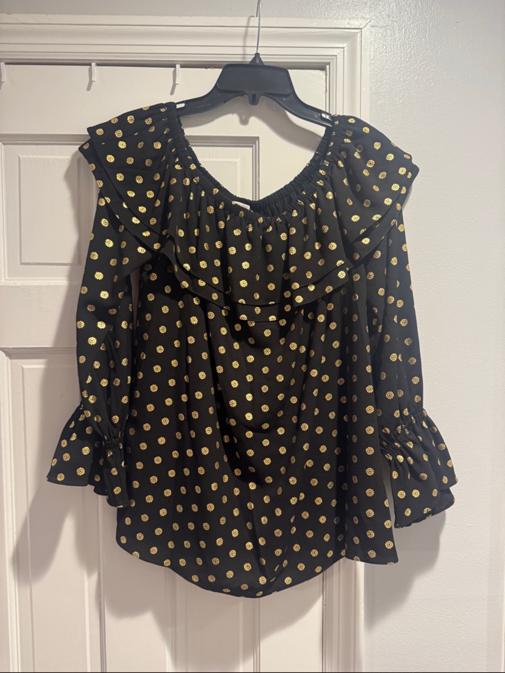 Michael Kors Black Off-Shoulder Top with Gold Dot Print